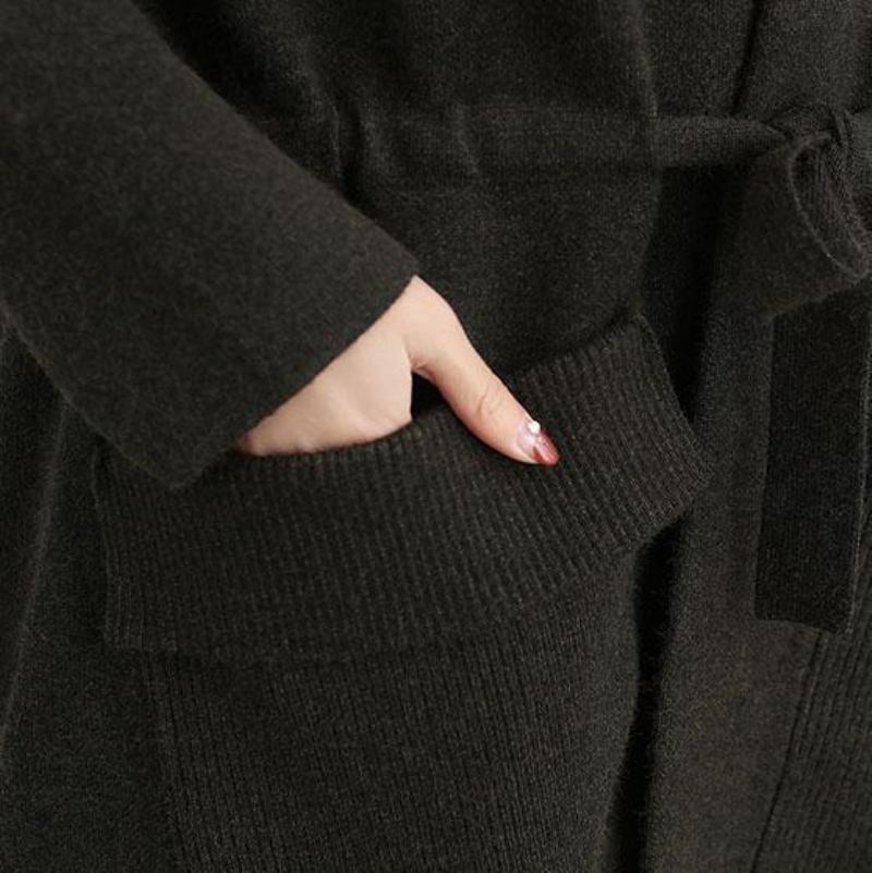 Damen Schwarzer Wollmantel In Übergröße Trenchcoat Für Den Herbst Quadratischer Kragen Taillenbund - schwarz