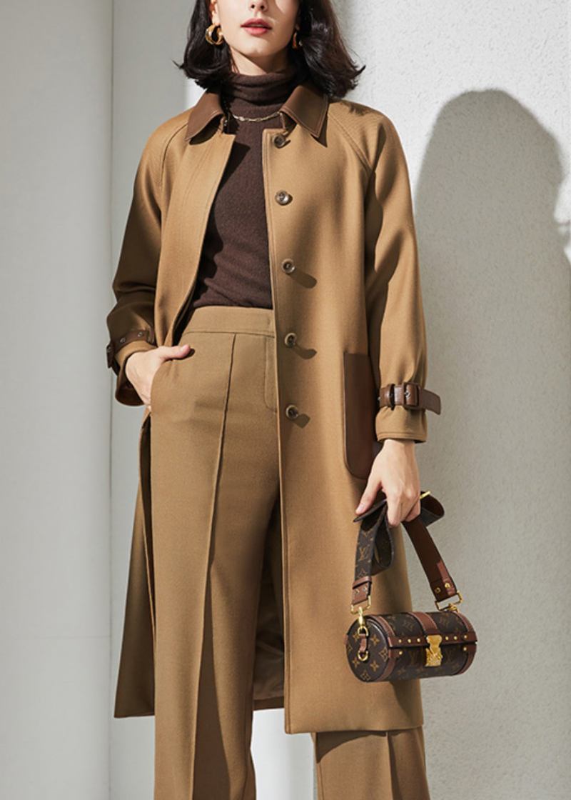 Damen-trenchcoat Aus Wolle Mit Khakifarbenem Peter-pan-kragen Taschen Und Patchwork-knopf Frühling - Damen-Trenchcoats