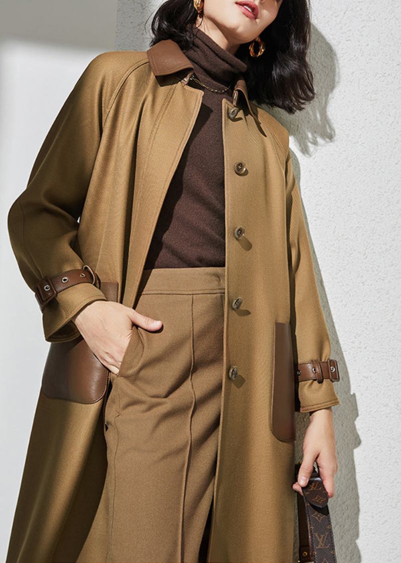 Damen-trenchcoat Aus Wolle Mit Khakifarbenem Peter-pan-kragen Taschen Und Patchwork-knopf Frühling - Damen-Trenchcoats