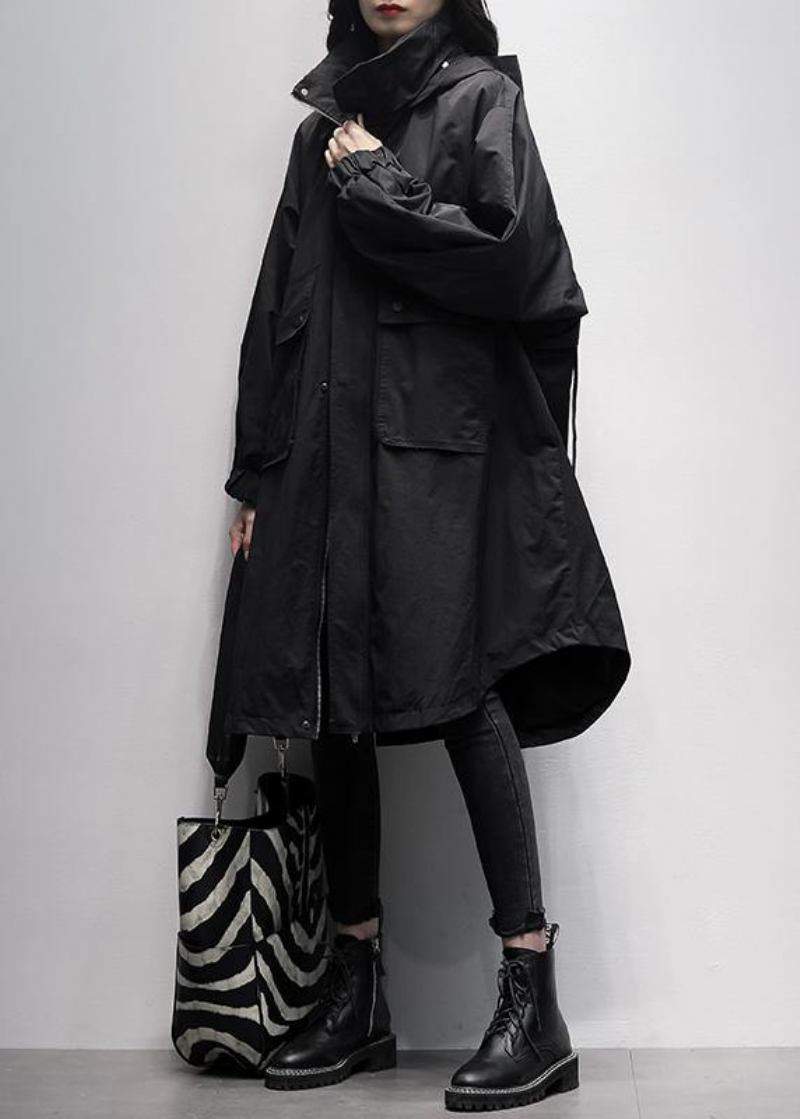 Damen Trenchcoat Mit Kapuze Rüschentaschen Schwarz Übergroße Oberbekleidung - Damen-Trenchcoats