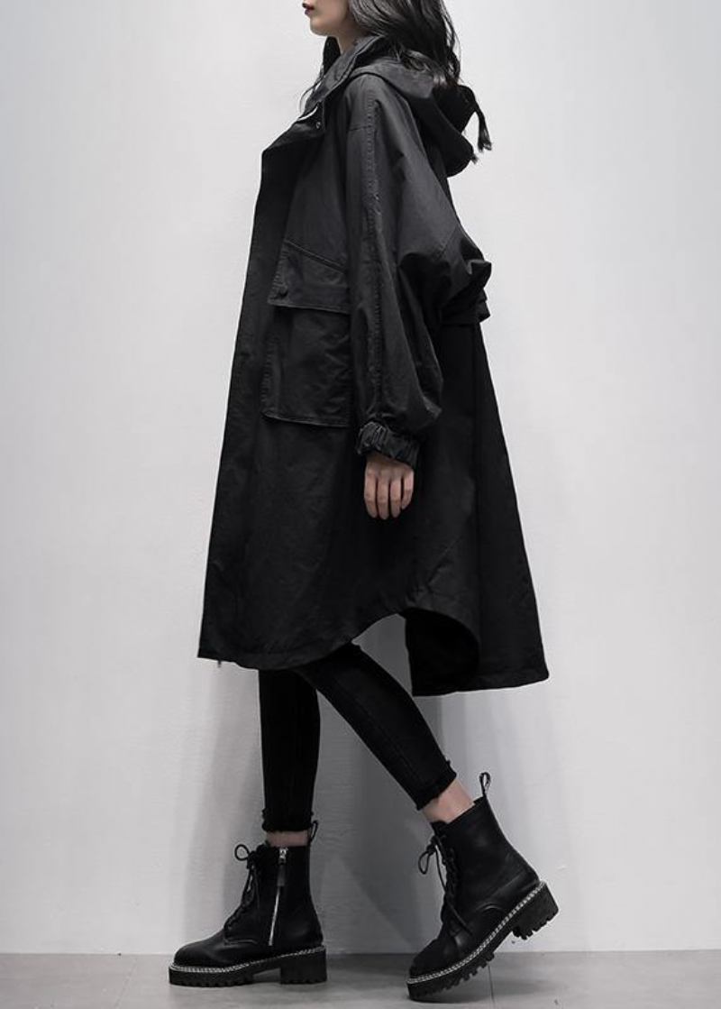 Damen Trenchcoat Mit Kapuze Rüschentaschen Schwarz Übergroße Oberbekleidung - Damen-Trenchcoats