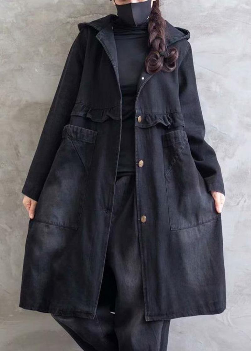 Damen Übergröße Mantel Denim Schwarz Kapuzen Rüschen Oberbekleidung