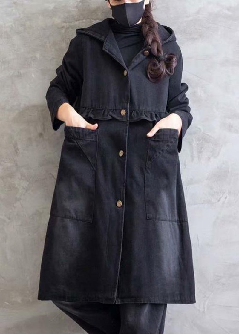 Damen Übergröße Mantel Denim Schwarz Kapuzen Rüschen Oberbekleidung - Damen-Trenchcoats