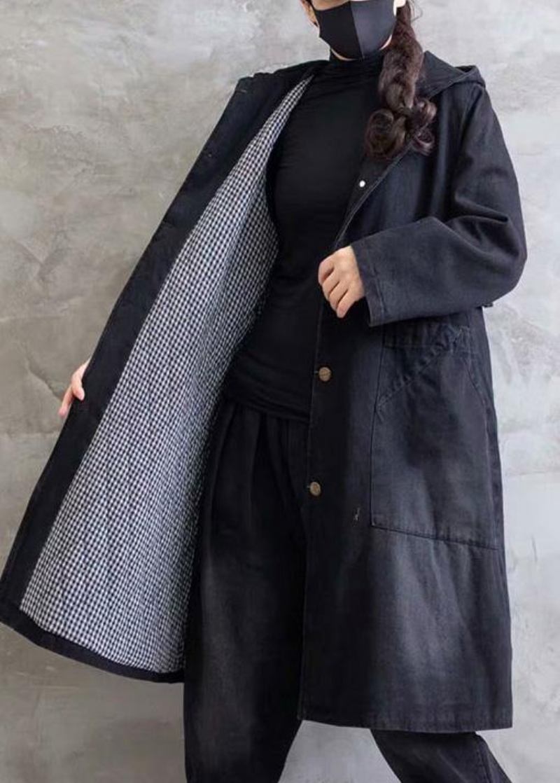 Damen Übergröße Mantel Denim Schwarz Kapuzen Rüschen Oberbekleidung - Damen-Trenchcoats