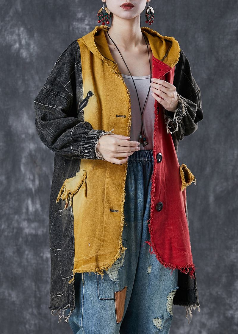 Diy Colorblock Asymmetrische Patchwork Denim Mantel Outwear Frühling - Damen-Trenchcoats