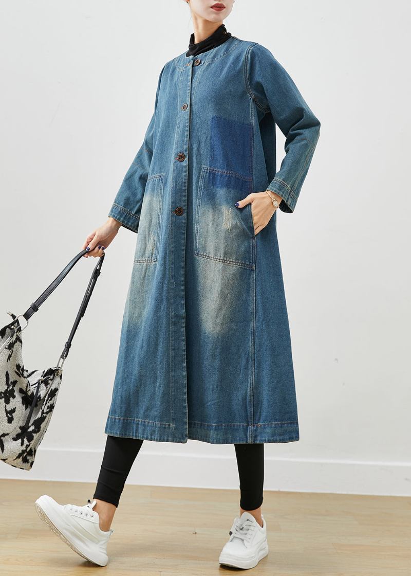 Diy Denim Blau O-ausschnitt Taschen Baumwolle Trenchcoat Herbst