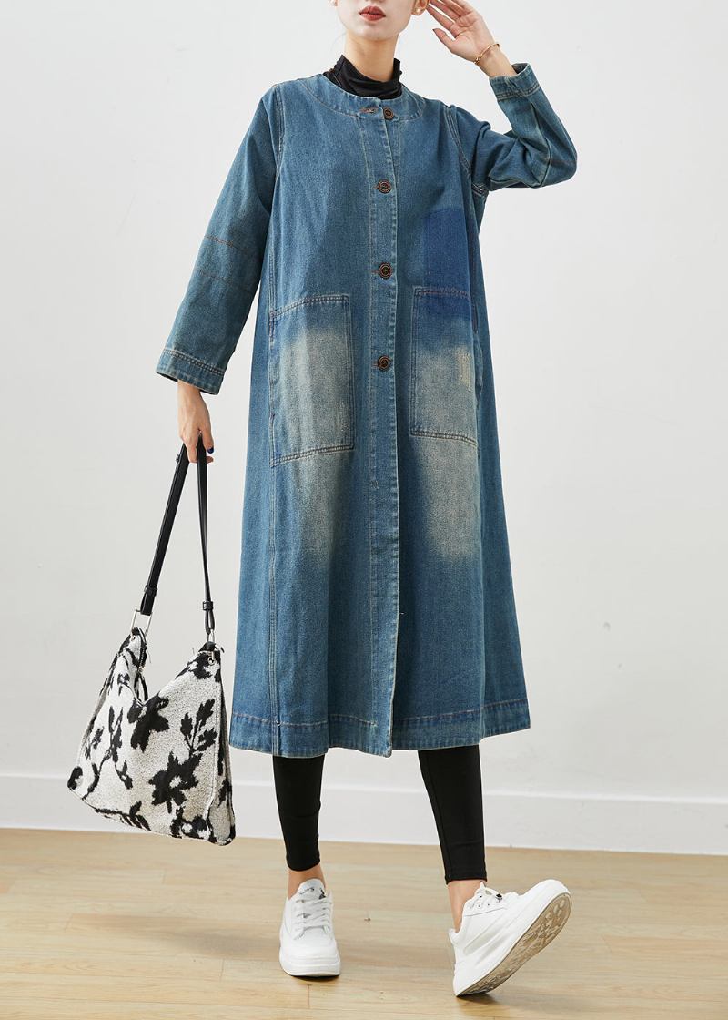 Diy Denim Blau O-ausschnitt Taschen Baumwolle Trenchcoat Herbst - Damen-Trenchcoats