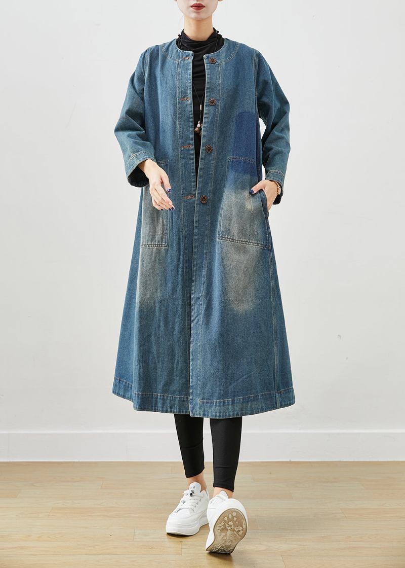 Diy Denim Blau O-ausschnitt Taschen Baumwolle Trenchcoat Herbst - Damen-Trenchcoats