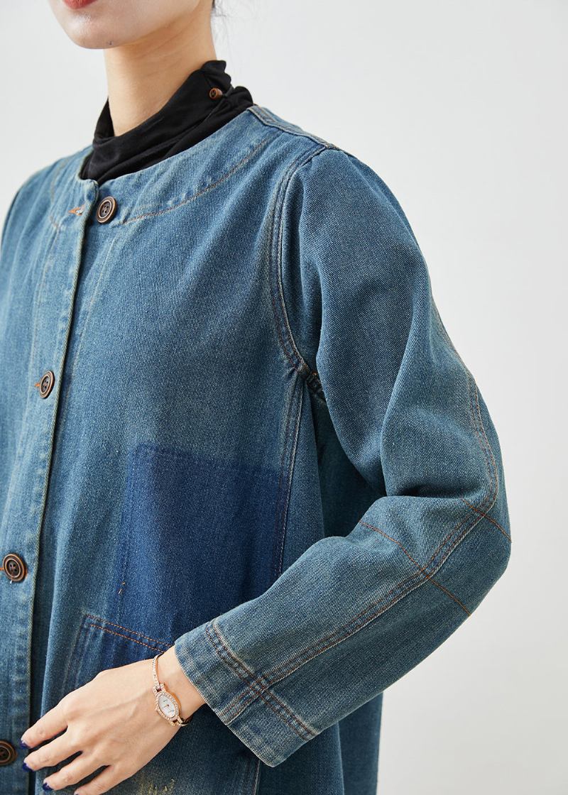 Diy Denim Blau O-ausschnitt Taschen Baumwolle Trenchcoat Herbst - Damen-Trenchcoats