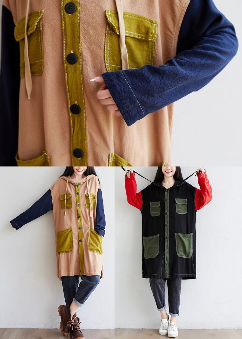 Diy Schwarz Kapuze Taschen Patchwork Leinen Trenchcoat Frühling - Damen-Trenchcoats