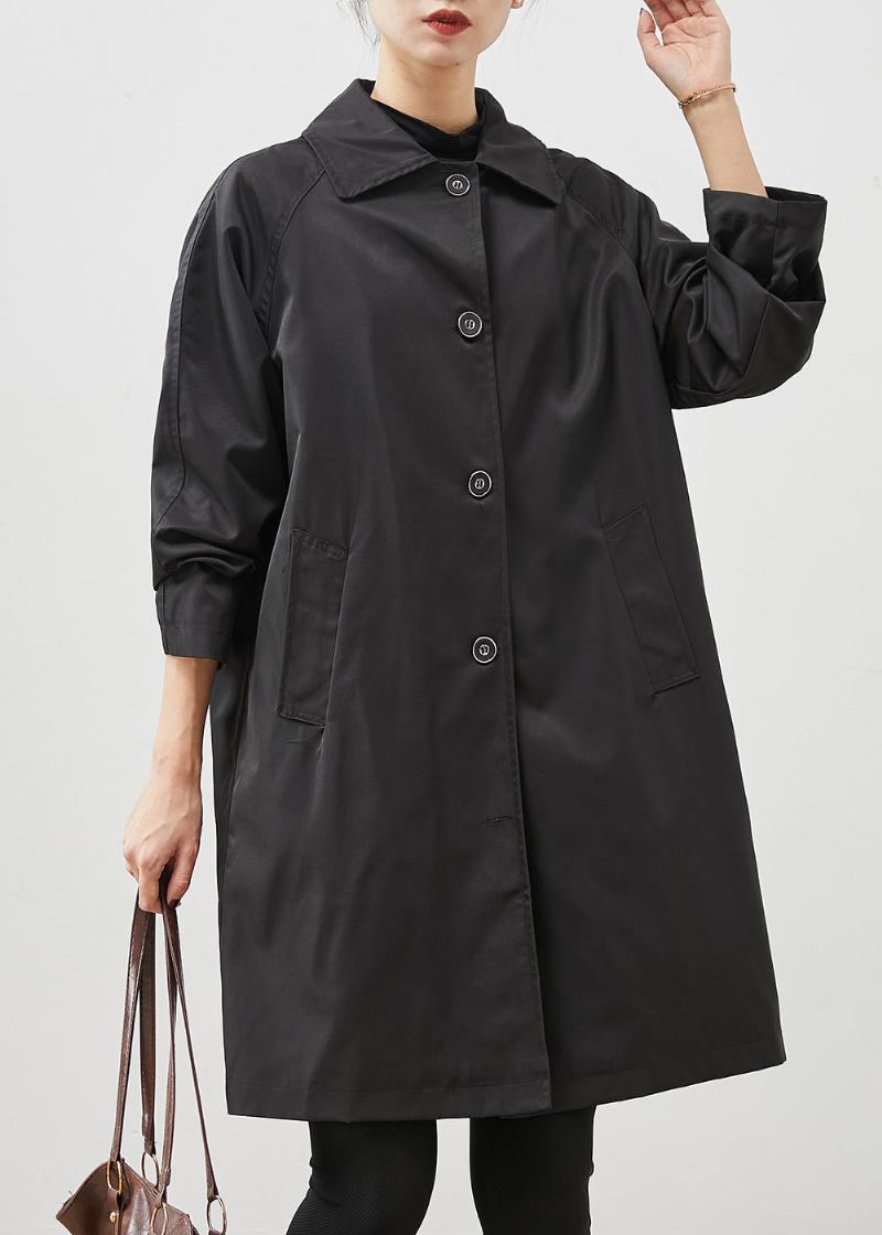 Diy Schwarzer Übergroßer Baumwolltrenchcoat Mit Taschen Frühling - Damen-Trenchcoats