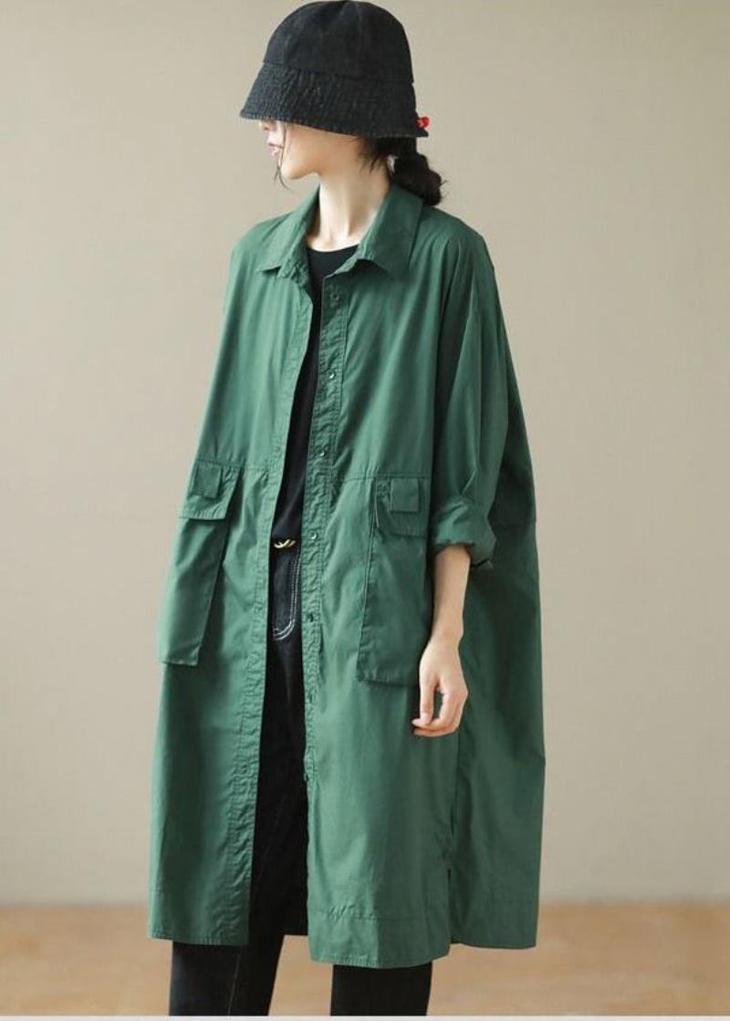 Diy Schwarzgrüner Trenchcoat Aus Baumwolle Mit Übergroßen Taschen Für Den Herbst - Damen-Trenchcoats