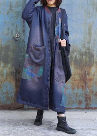 Edle Blaue Drucke Mode Trenchcoat Inspiration Zwei Große Taschen Dicke Mäntel