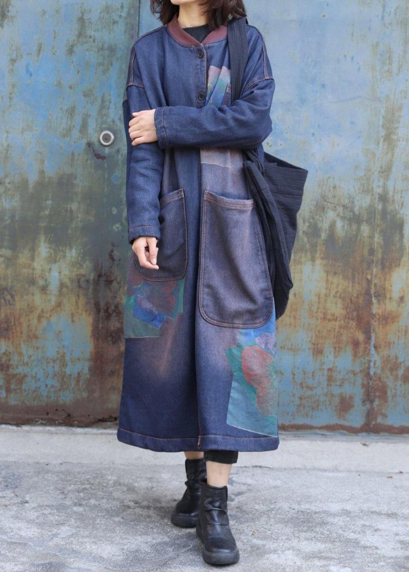 Edle Blaue Drucke Mode Trenchcoat Inspiration Zwei Große Taschen Dicke Mäntel - Damen-Trenchcoats