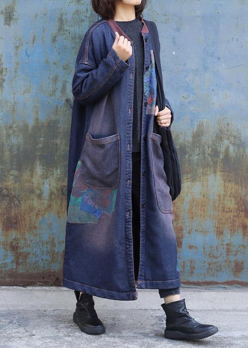 Edle Blaue Drucke Mode Trenchcoat Inspiration Zwei Große Taschen Dicke Mäntel - Damen-Trenchcoats