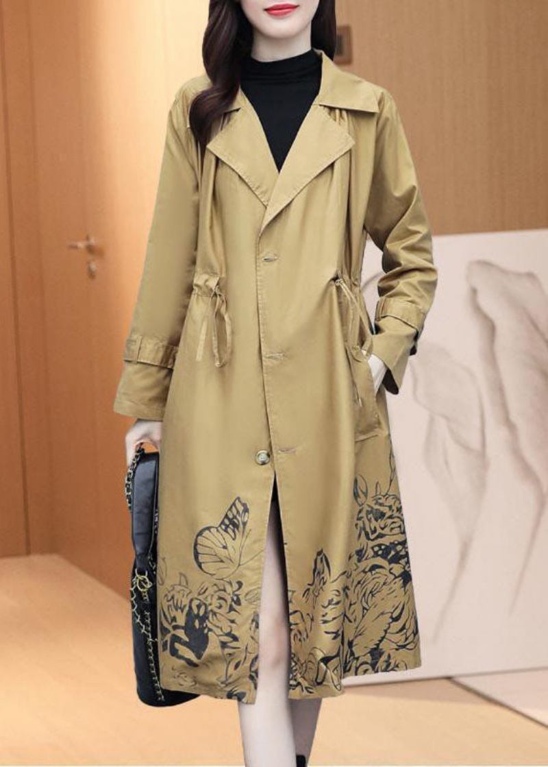 Edle Khaki Trenchcoats Mit Gekerbtem Print Und Kordelzug Für Den Herbst - Damen-Trenchcoats