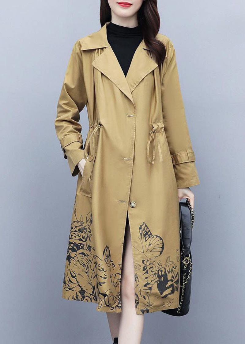 Edle Khaki Trenchcoats Mit Gekerbtem Print Und Kordelzug Für Den Herbst - Damen-Trenchcoats