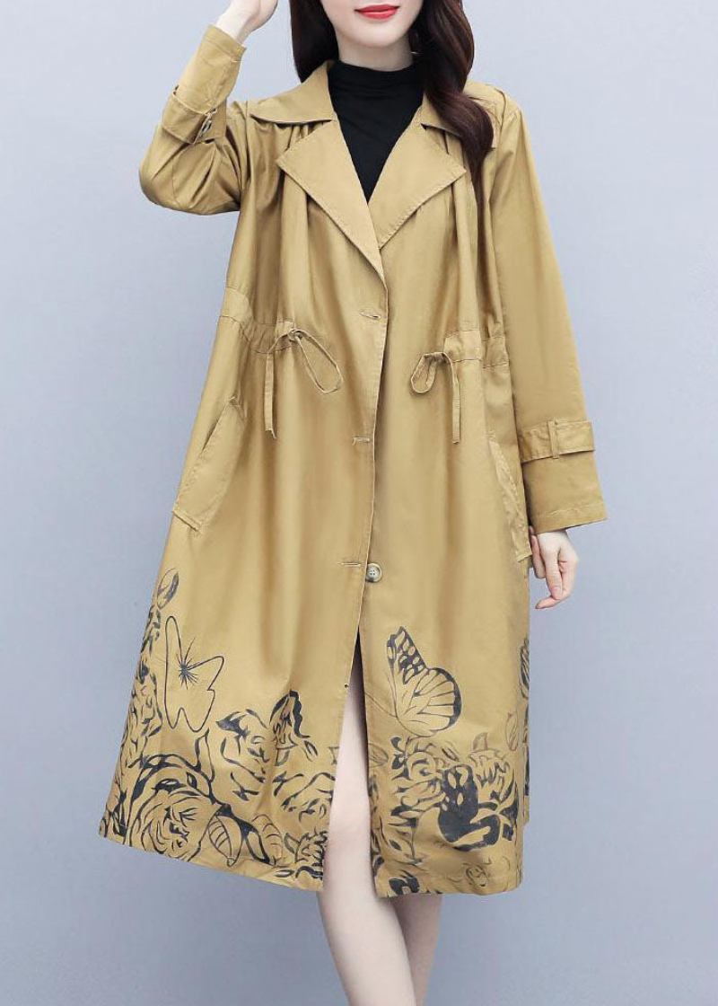 Edle Khaki Trenchcoats Mit Gekerbtem Print Und Kordelzug Für Den Herbst - Damen-Trenchcoats