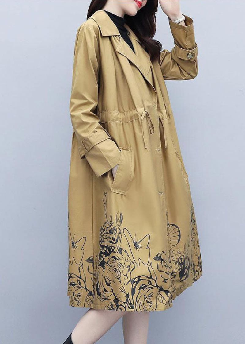 Edle Khaki Trenchcoats Mit Gekerbtem Print Und Kordelzug Für Den Herbst - Damen-Trenchcoats