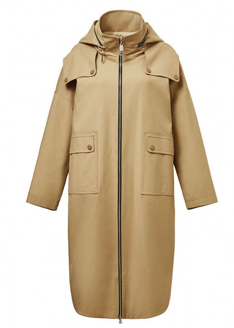 Edle Khaki Umlegekragen Reißverschluss Kordelzug Baumwolle Overalls Jacke Frühling - Damen-Trenchcoats