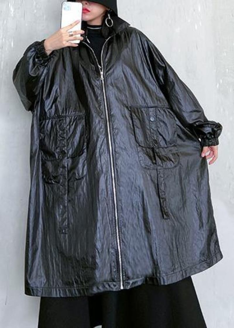 Edle Schwarze Mode Kleidung Kleiderschränke Revers Taschen Herbst Frauen Mäntel - Damen-Trenchcoats