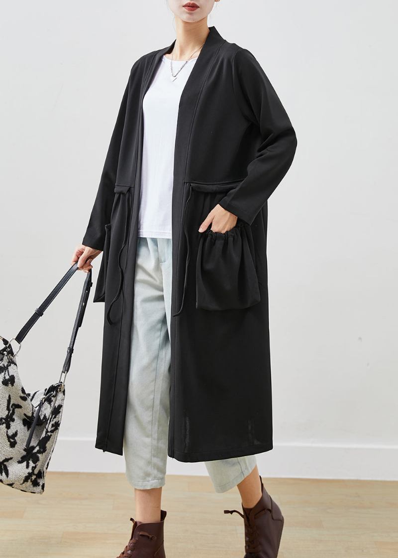 Edle Schwarze Trenchcoats Aus Baumwolle Mit Kordelzug Und Taschen Für Den Herbst - Damen-Trenchcoats