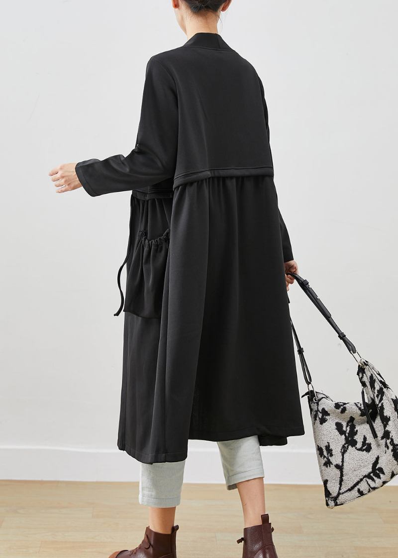 Edle Schwarze Trenchcoats Aus Baumwolle Mit Kordelzug Und Taschen Für Den Herbst - Damen-Trenchcoats