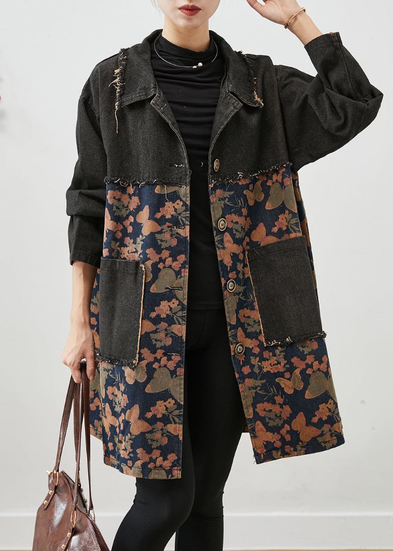 Edle Schwarze Übergroße Jeansmäntel Mit Patchwork-print Für Den Herbst