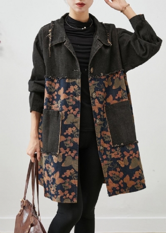 Edle Schwarze Übergroße Jeansmäntel Mit Patchwork-print Für Den Herbst