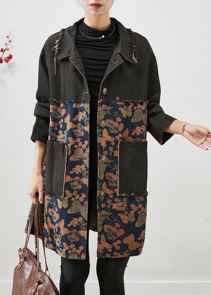 Edle Schwarze Übergroße Jeansmäntel Mit Patchwork-print Für Den Herbst - Damen-Trenchcoats