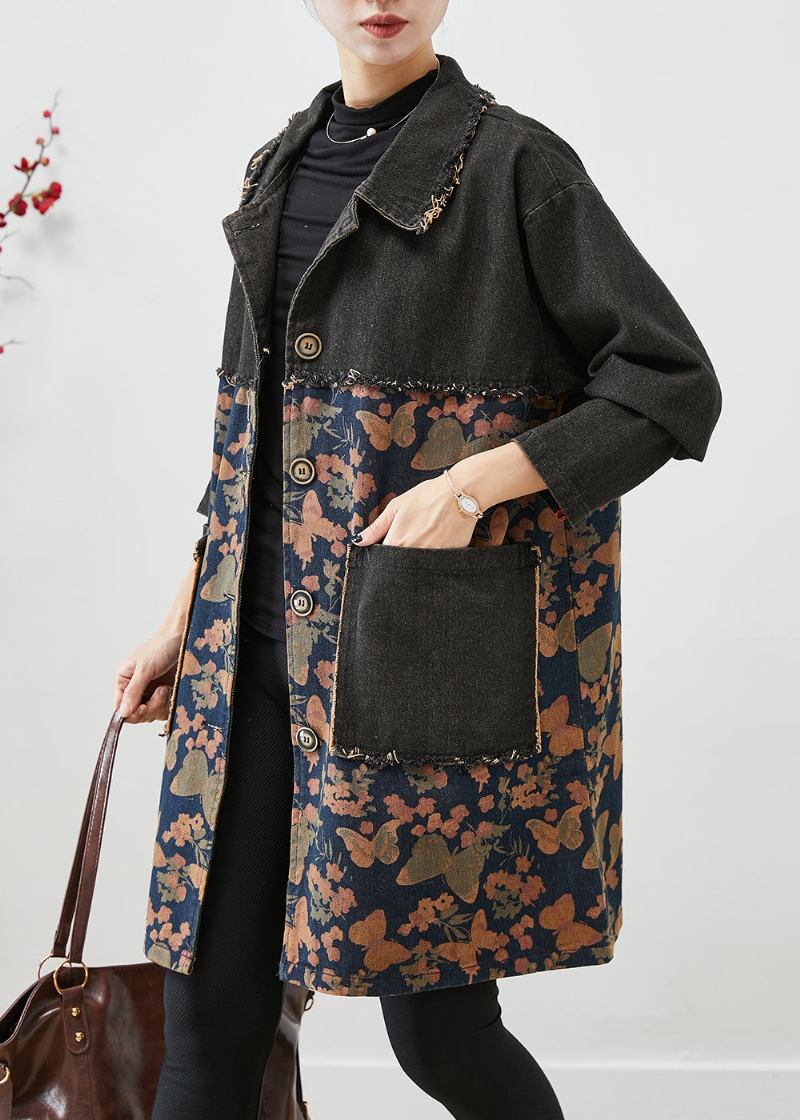 Edle Schwarze Übergroße Jeansmäntel Mit Patchwork-print Für Den Herbst - Damen-Trenchcoats