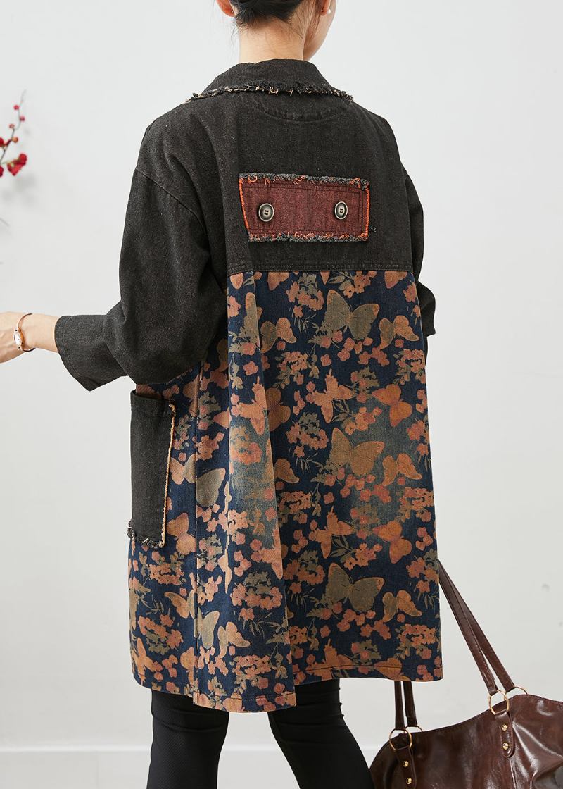 Edle Schwarze Übergroße Jeansmäntel Mit Patchwork-print Für Den Herbst - Damen-Trenchcoats