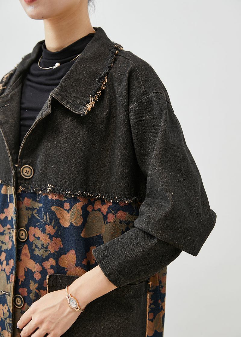 Edle Schwarze Übergroße Jeansmäntel Mit Patchwork-print Für Den Herbst - Damen-Trenchcoats