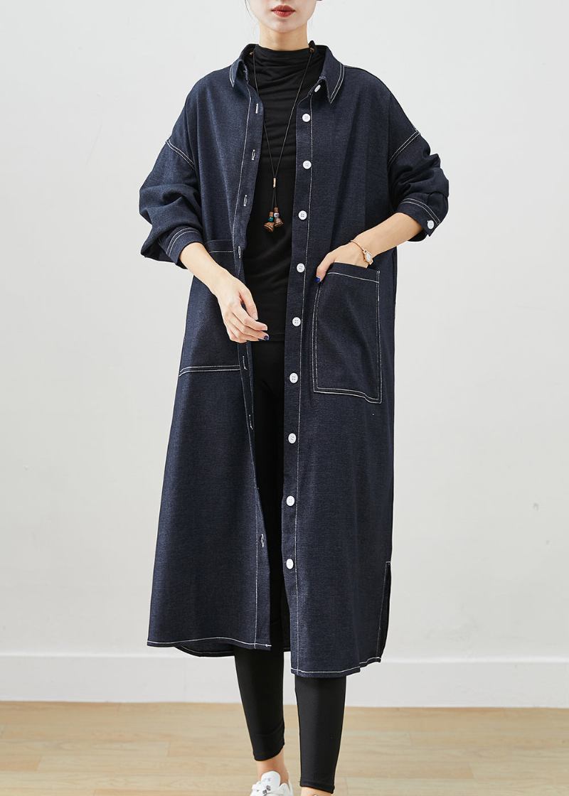 Edle Schwarze Übergroße Taschen Seitlich Offen Denim Trenchcoats Herbst - Damen-Trenchcoats