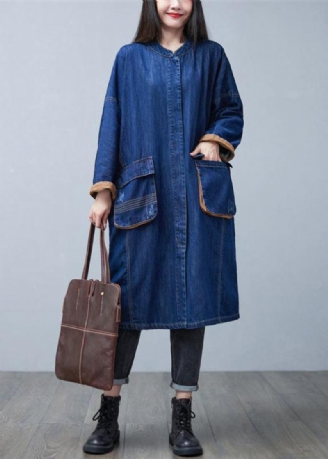 Edler Blauer Stehkragen Übergroße Taschen Baumwoll-denim-trenchcoat Frühling