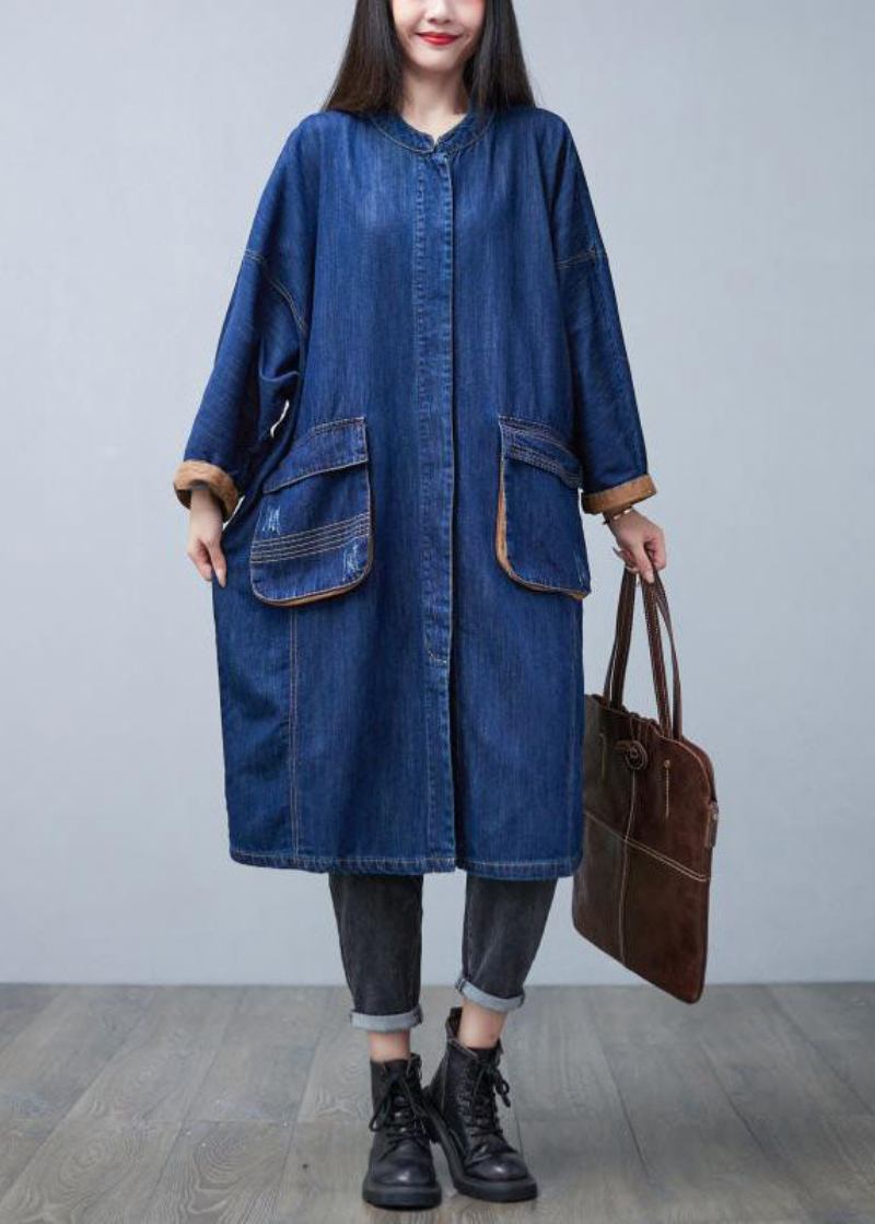 Edler Blauer Stehkragen Übergroße Taschen Baumwoll-denim-trenchcoat Frühling - Damen-Trenchcoats