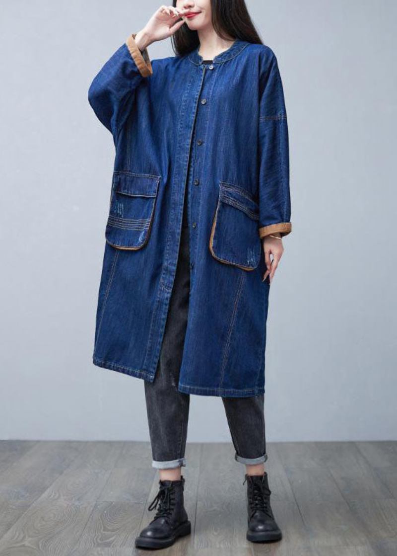 Edler Blauer Stehkragen Übergroße Taschen Baumwoll-denim-trenchcoat Frühling - Damen-Trenchcoats