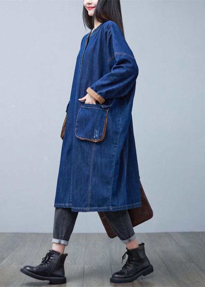 Edler Blauer Stehkragen Übergroße Taschen Baumwoll-denim-trenchcoat Frühling - Damen-Trenchcoats