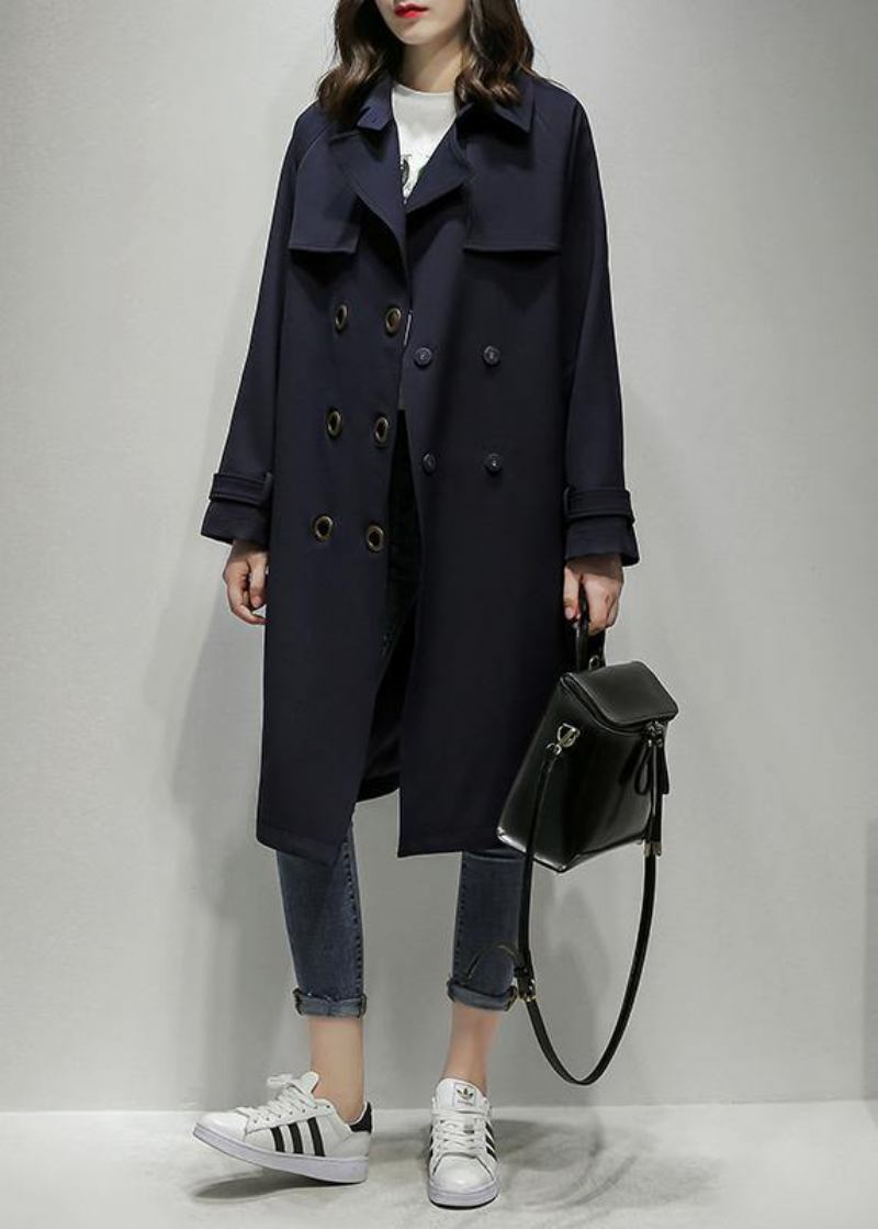 Edler Gekerbter Zweireihiger Trenchcoat In Übergröße Marineblaue Silhouette Oberbekleidung - Damen-Trenchcoats