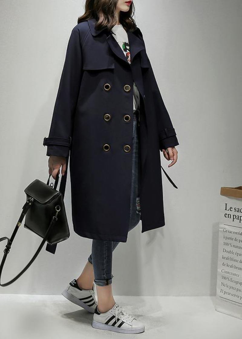 Edler Gekerbter Zweireihiger Trenchcoat In Übergröße Marineblaue Silhouette Oberbekleidung - Damen-Trenchcoats