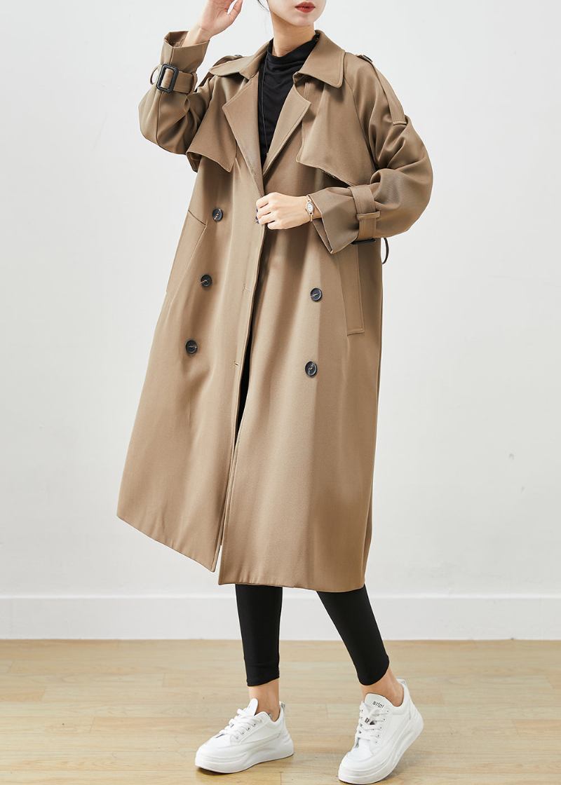 Edler Kaffee Doppelbrusttaschen Baumwoll Trenchcoat Herbst