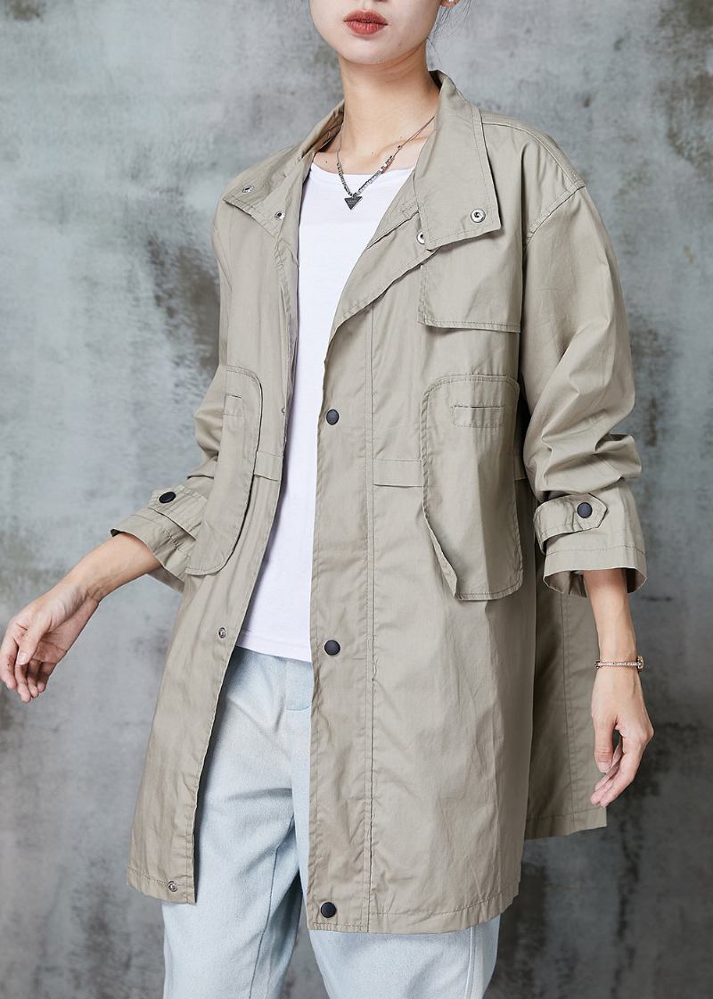 Edler Khaki Peter Pan Kragen Patchwork Taschen Baumwolle Trenchcoat Frühling - Damen-Trenchcoats