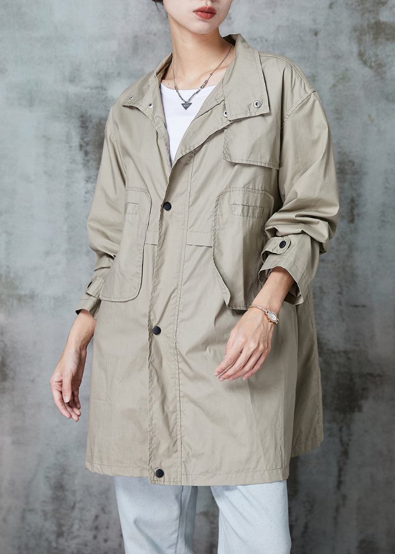 Edler Khaki Peter Pan Kragen Patchwork Taschen Baumwolle Trenchcoat Frühling - Damen-Trenchcoats