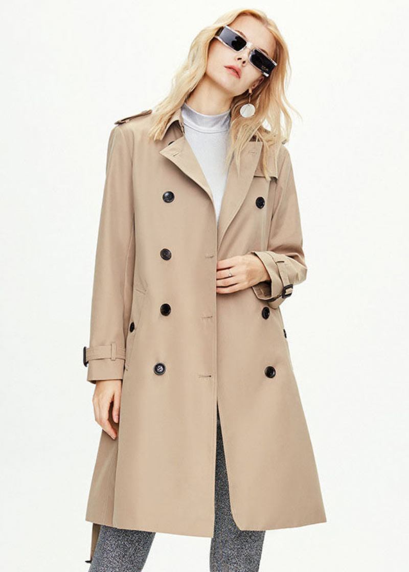 Edler Khaki Peter Pan Kragen Zweireihiger Baumwollmantel Mit Cinch-muster Für Den Herbst - Damen-Trenchcoats