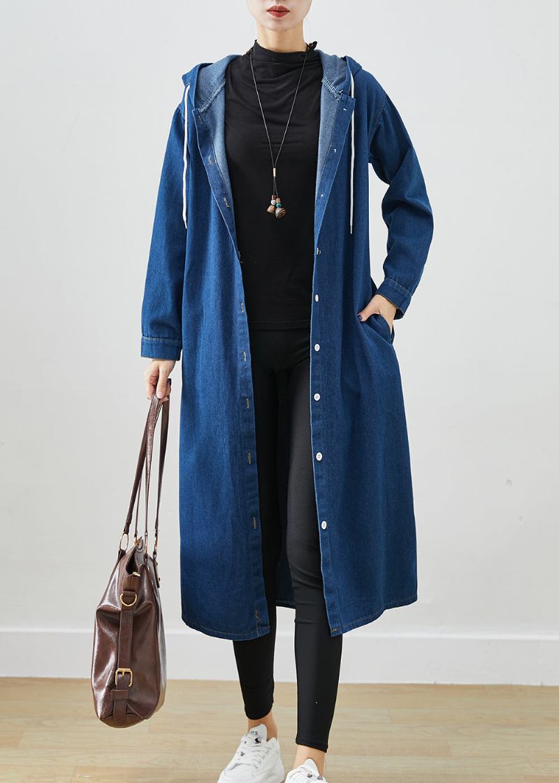 Edler Marineblauer Jeansmantel Mit Kapuze Und Kordelzug Für Den Herbst - Damen-Trenchcoats