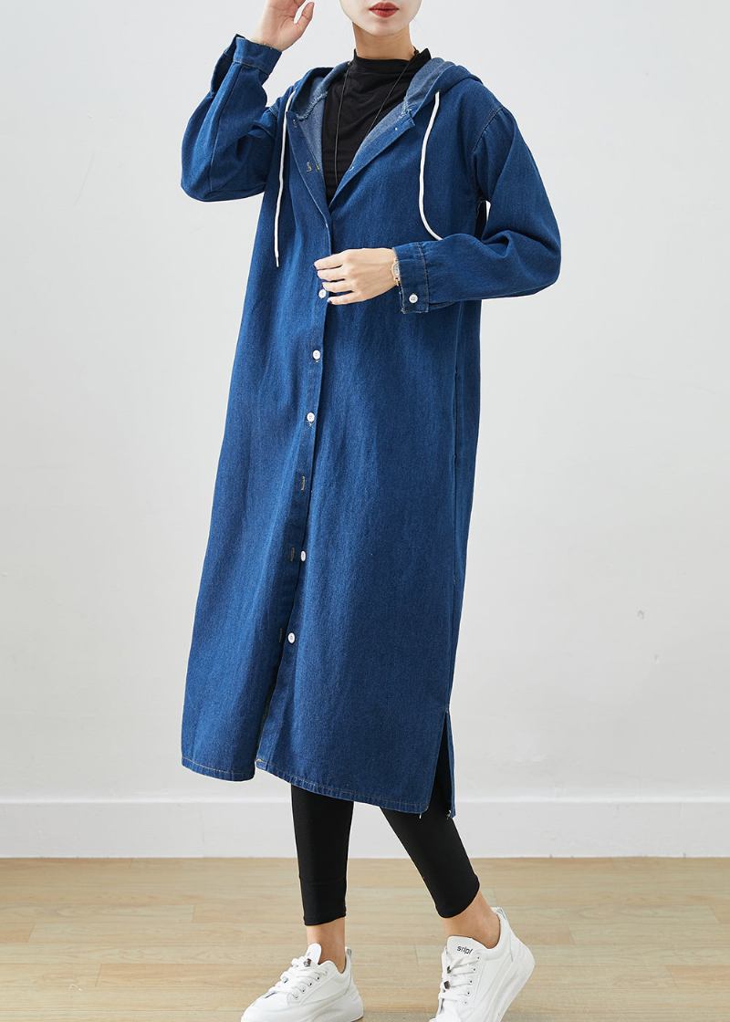 Edler Marineblauer Jeansmantel Mit Kapuze Und Kordelzug Für Den Herbst - Damen-Trenchcoats