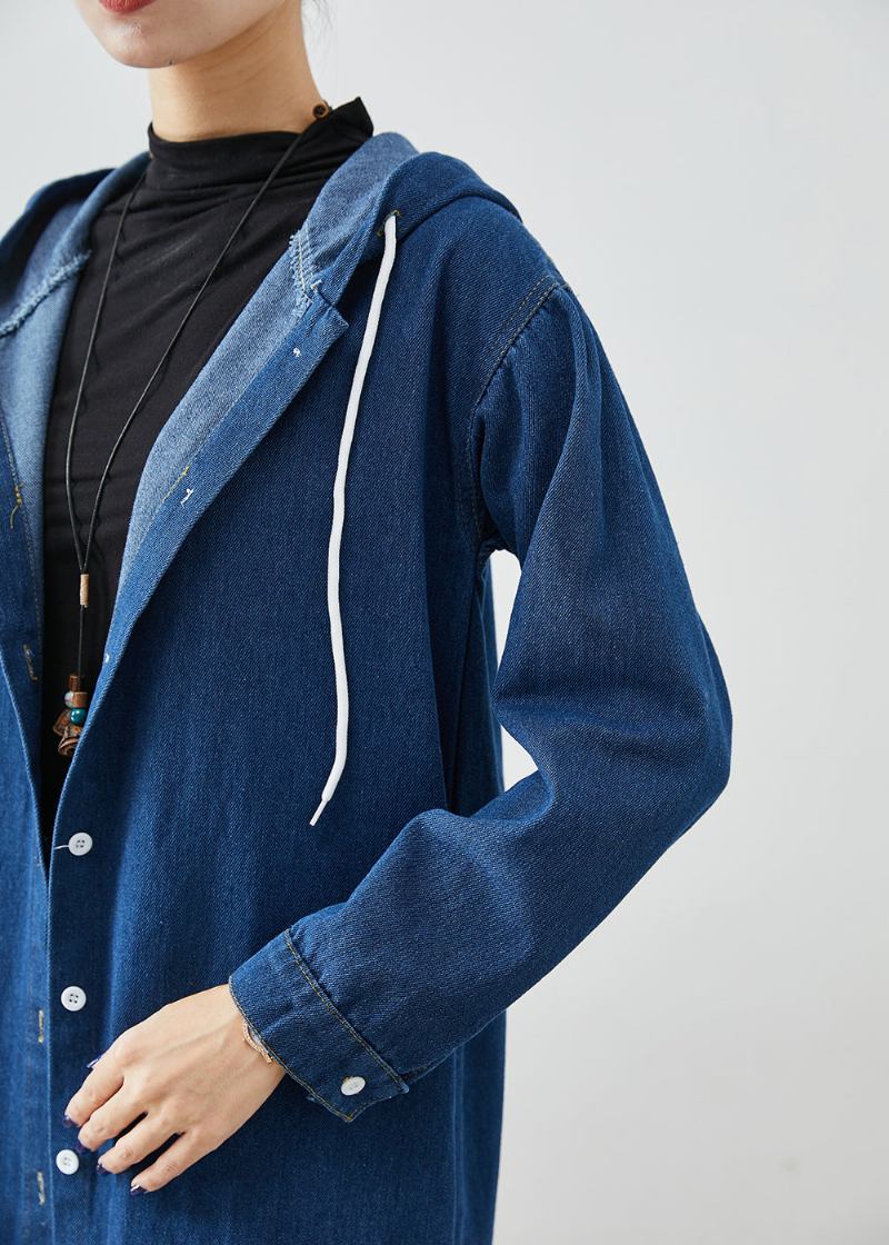 Edler Marineblauer Jeansmantel Mit Kapuze Und Kordelzug Für Den Herbst - Damen-Trenchcoats