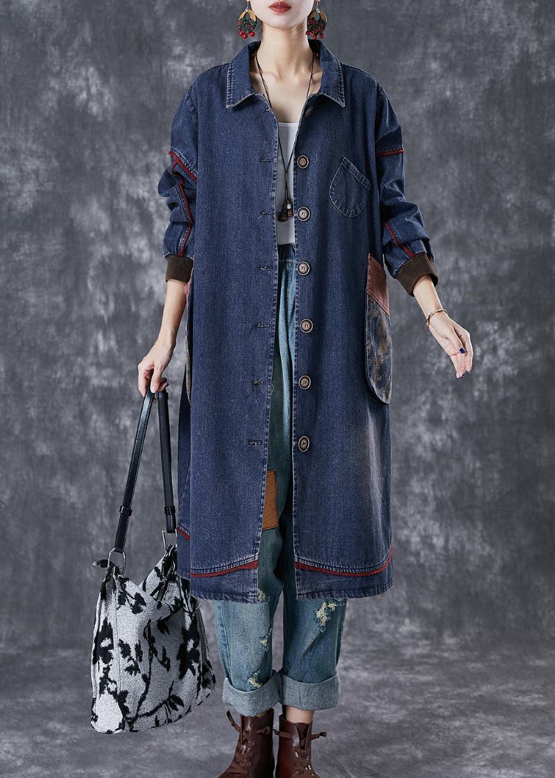 Edler Marineblauer Übergroßer Baumwollmantel Mit Patchwork-taschen Für Den Herbst - Damen-Trenchcoats