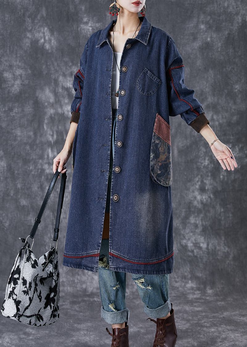 Edler Marineblauer Übergroßer Baumwollmantel Mit Patchwork-taschen Für Den Herbst - Damen-Trenchcoats