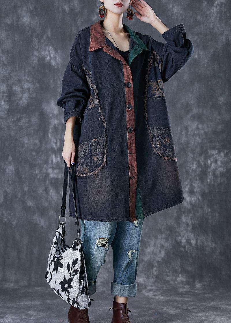 Edler Schwarzer Übergroßer Patchwork-denim-trenchcoat Für Den Herbst - Damen-Trenchcoats